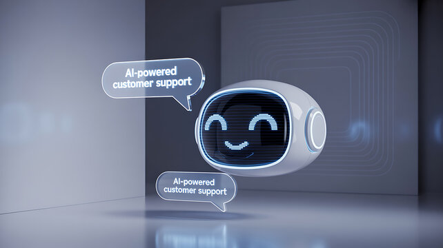 A cheerful robot with a smiley face and speech bubbles representing aipowered customer support services
