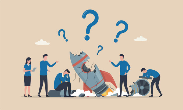 Fail The the teams together flat design with clean lines and minimal shading crash launching space rocket metaphor of new business failure