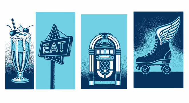 Retro 1950s Diner Icons: Milkshake, Eat Sign, Jukebox, Roller Skate