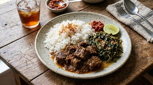 Top view of traditional Indonesian meal Nasi Padang with spicy beef rendang, white rice with fried shallots, braised cassava leaves known as daun ubi, sambal, and a glass of iced tea on a rustic table