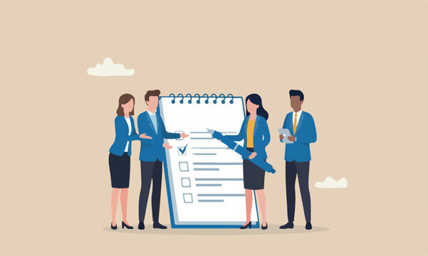 Self assessment rocket meeting teams together personal development or work improvement concept, woman giving check on checkbox in achievement notepad paper