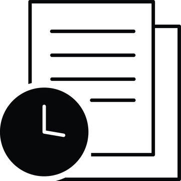 Art & Illustration, Document stack with a solid black clock symbol. Ideal for search history, recent files, and time tracking UI.