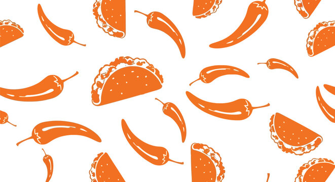 Seamless pattern of orange hand-drawn tacos and chili peppers for mexican food background