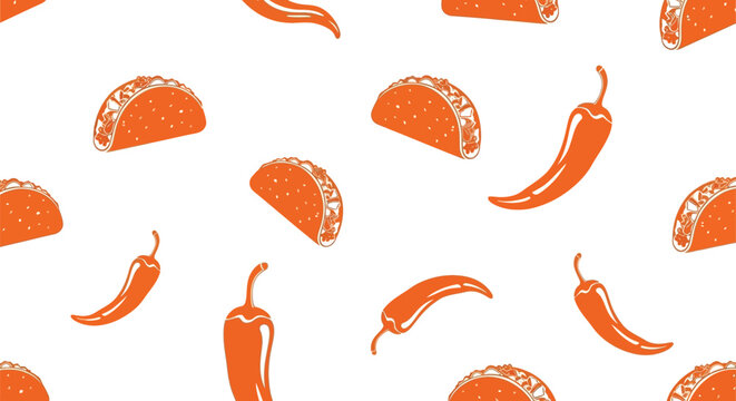 Vibrant seamless pattern featuring orange hand-drawn tacos and spicy chili peppers illustrations