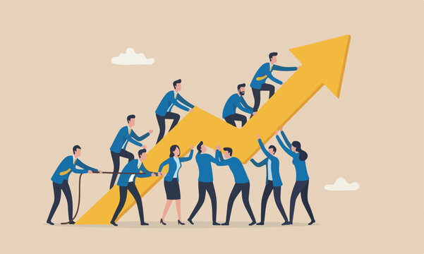 Teamwork and collaboration colleagues, togetherness and support each other to achieve business goal concept, group of businessmen and women office workers help and support to pull rising up