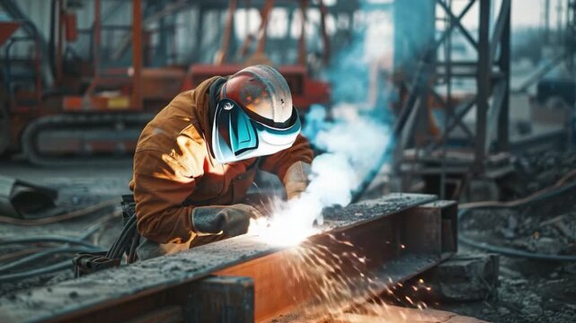 A welder using equipment to shape and join metal parts, with sparks flying everywhere