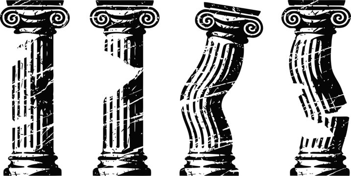 Four ancient ionic marble columns illustrating different states perfect, damaged, bent, broken classical architecture