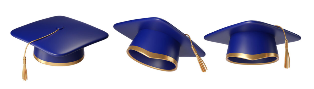 Set of 3d Blue Graduation cap or hat with golden Tassel in different angles, isolated on the background. Education and academic concept for school, college,  university. 3D render
