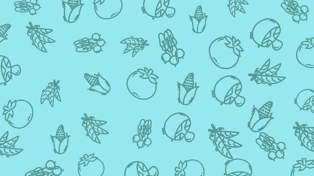 Seamless looping farm fresh food background with doodle icons such as tomato, corn, mushroom and berries. Ideal for organic products, grocery ads and food branding visuals.
