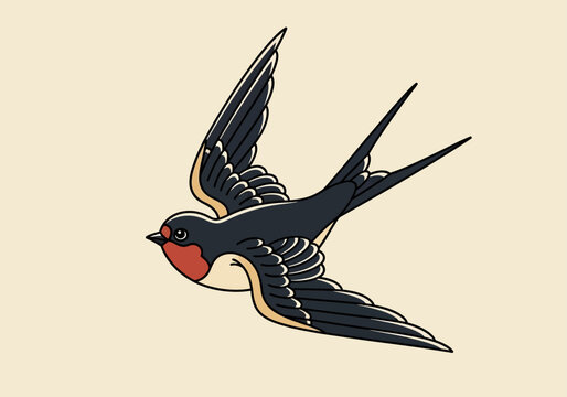 Classic American Traditional Swallow Tattoo Illustration, Vintage Old School Bird in Flight