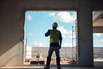Fototapeta premium A construction worker stands looking out at a building site. He is observing the progress of ongoing construction within an unfinished structure. It’s set on a construction site with scaffolding and b