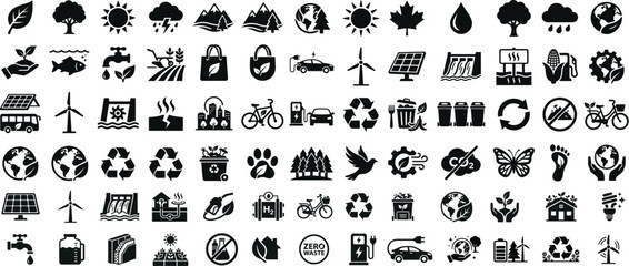 Fototapeta premium Eco Environment Icons Set - Ecology, Sustainability, Green Energy and Nature Vector Icons