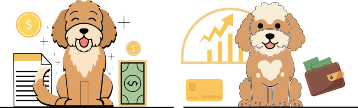 Two adorable cavapoo dogs illustrated with financial charts and money symbolizing wealth and prosperity