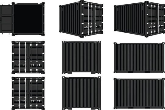 "Black vector illustration of shipping container multiple views, front back side top isometric perspective, logistics transport design, corrugated metal structure"