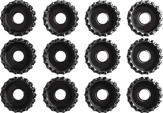 Twelve black bottle caps arranged in grid, circular ridged edges, top view inspection, manufacturing quality control, damaged defective items, pattern recognition illustration