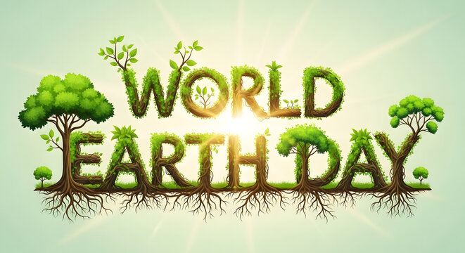 Whimsical World Earth Day Typography with Lush Green Trees and Organic Root Textures