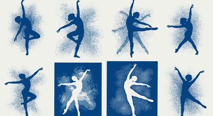 Ballet Dancers Silhouettes Collection: Dynamic Poses, Artistic Splatter Background © Vektor