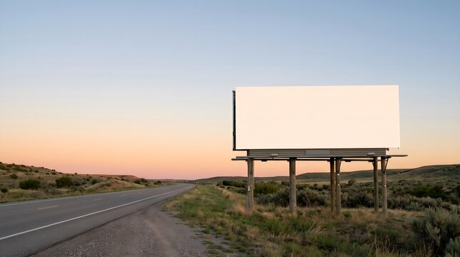 A blank billboard stands beside a desert road at sunset.