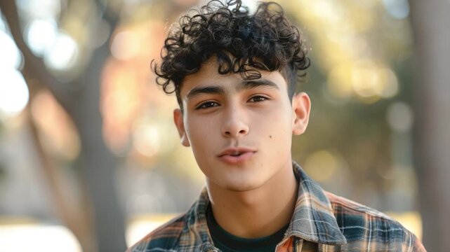 A young male figure with curly hair and a plaid shirt, likely posing for a photo or portrait