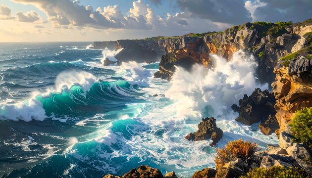 Ocean waves crashing rocky coastline