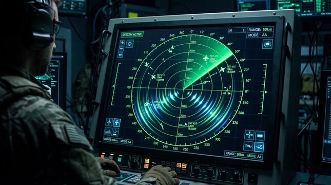 Air traffic control radar system in operation by military personnel