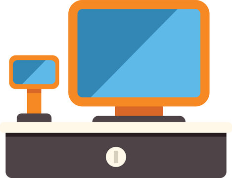 Cash register and display monitor illustrating retail commerce transactions