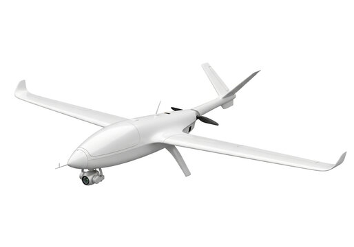 A modern unmanned aerial vehicle in flight against a plain background