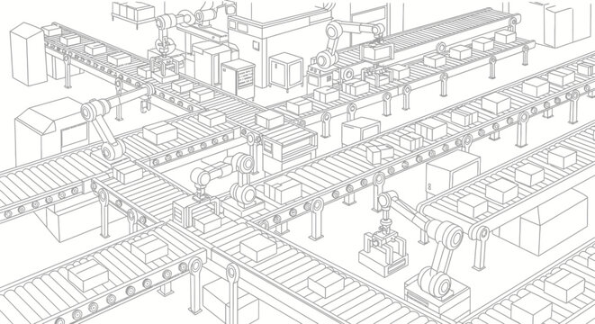 Automated factory production line with robotic arms and conveyor system