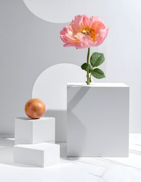 Pink peony on white cube stage set