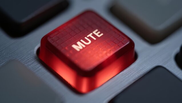 A red mute button on a keyboard, commonly used in radio and podcast recording studios to control audio signals and ensure high-quality broadcasts.