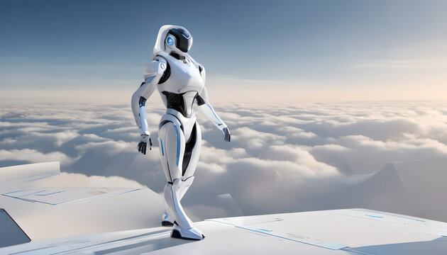 Humanoid robot walking above clouds in futuristic scene