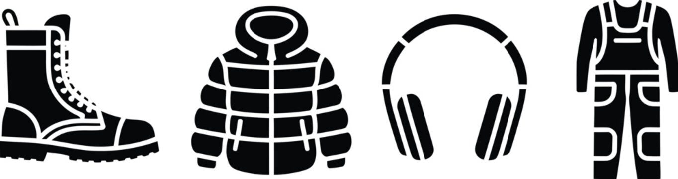 Cold weather apparel icon collection, vector illustrations of winter clothing and outdoor gear such as insulated jackets, boots, and thermal wear for snow and seasonal lifestyle graphics.