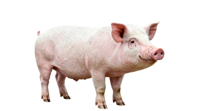 White pig is standing on a white background. The pig is smiling and looking at the camera