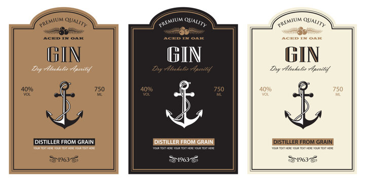 collection of gin labels with yacht anchor in retro style