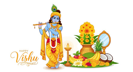 Colorful vector illustration depicting a traditional Vishu Kani concept with Krishna playing the flute, arranged alongside a mirror, fruits, and a lit diya, set against a clean white © Rizki