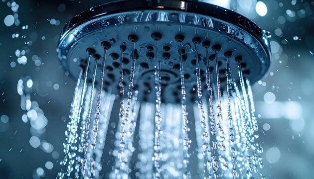 Close-up of a modern chrome shower head with water spraying downwards.