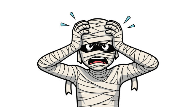 Desperate mummy character holding its bandaged head with an angry and frustrated expression in comic style.