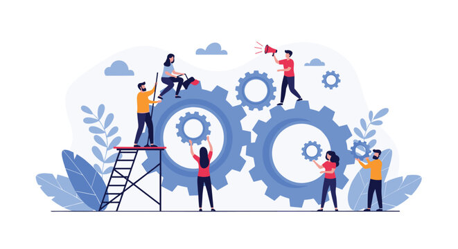 Teamwork and coordination illustrated by people maintaining large mechanical gears to ensure smooth business operations and success.
