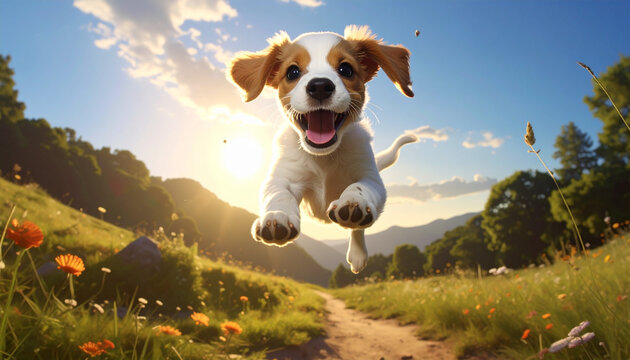 Happy puppy jumping in sunny meadow