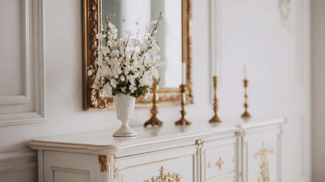 Elegant antique decoration white cabinet gold mirror flower vase in classic interior
