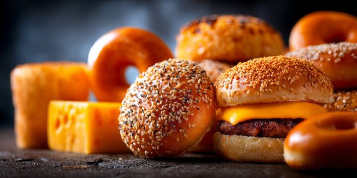 A variety of freshly made burgers sit alongside fluffy doughnuts and vibrant cheese in a cozy kitchen. The warm colors and textures invite delicious indulgence and share culinary joy