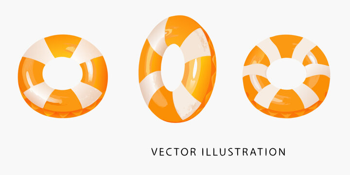 Three orange and white inflatable life preservers displayed in a row