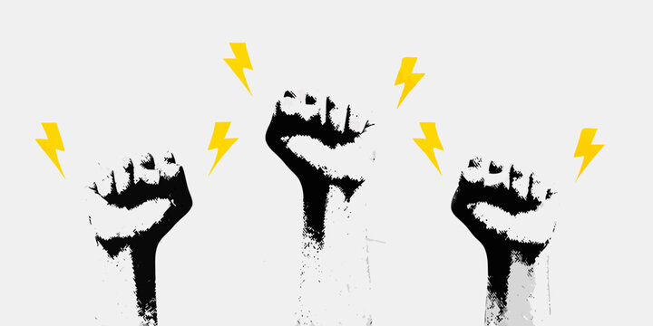 Three raised fists with yellow lightning bolts symbolizing power and protest