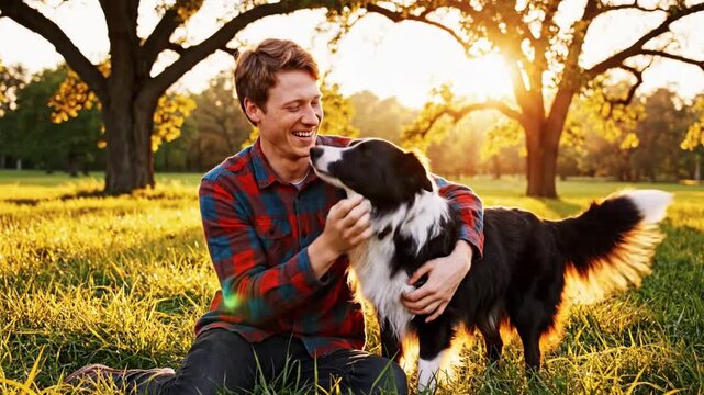 Man sitting with border collie dog.