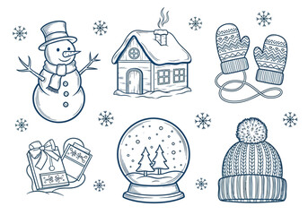 Hand Drawn Winter Sketches Collection with Snowman, Cozy Cottage, Mittens, Snow Globe, and Knit Hat  Blue Line Art Vector Illustration for Christmas and Holiday Season © Dian