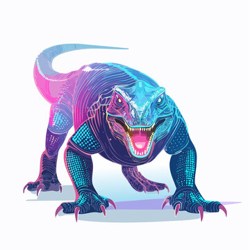 Striking Futuristic Komodo Dragon Illustration with Neon Cybernetic Glow and Vibrant Gradient Hues
