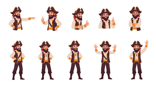 Brave pirate captain character set with different poses like pointing giving a thumbs up or waving on a white background.