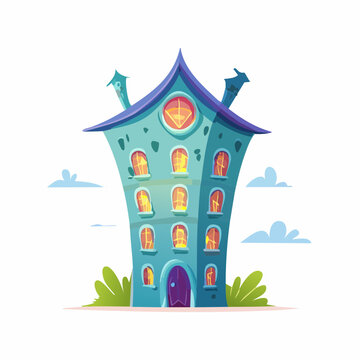 Colorful fantasy cartoon house with crooked architecture and glowing windows, perfect for whimsical stories or game design