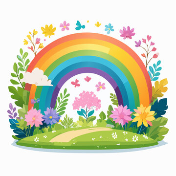 Whimsical springtime scene featuring a radiant rainbow, lush greenery, and an array of blooming flora, evoking joy and natural beauty