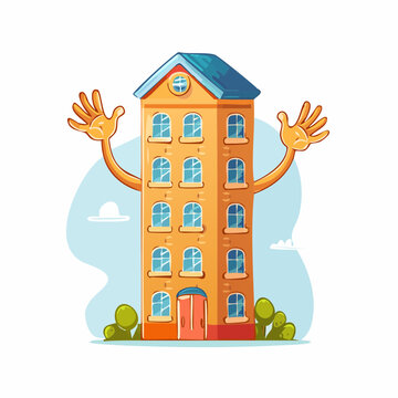 Cheerful urban building illustration with waving arms, symbolizing a friendly welcome to a vibrant community home
